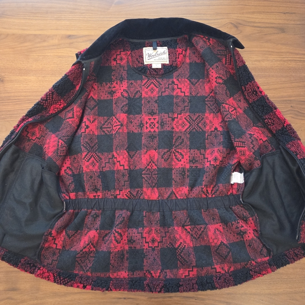Vintage Woolrich Buffalo Plaid Fleece Vest, Velour Collar 90s Cabincore Large - Picture 12 of 12